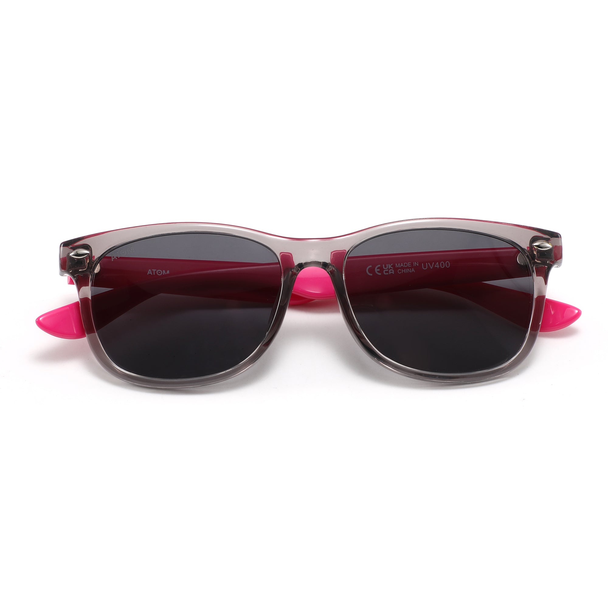Close-up of ATOM AS2-1 girls sunglasses with pink frame and black lenses