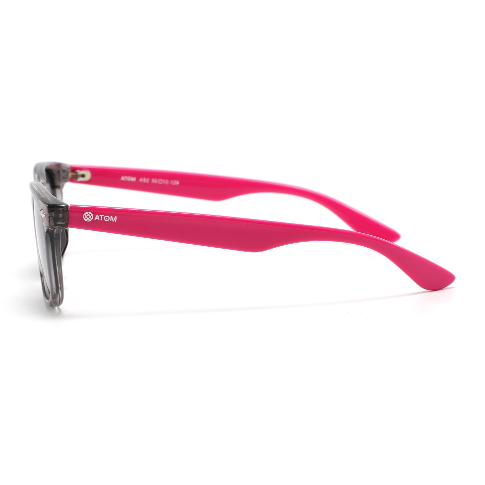 Side view of ATOM AS2-1 girls sunglasses with pink arms and transparent lenses